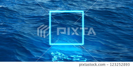 Abstract background of glowing blue neon square frame over dark blue ocean 123252893