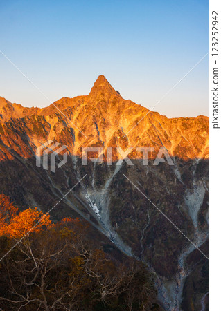 View of the morning glow of Mt. Yari from the Kisaku Shindo trail Climbing Mt. Yari on the Northern Alps Omote Ginza traverse 123252942