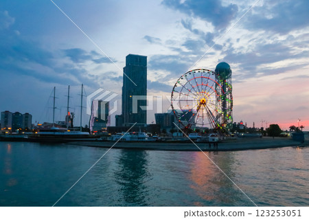 Batumi, Adjara, Georgia. View from the sea on illuminated resort town at evening 123253051