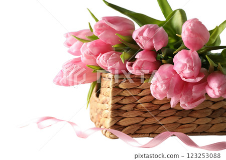 8 March, International Women's Day, pink tulips in a wicker basket, space for text, isolated on white background, PNG 123253088