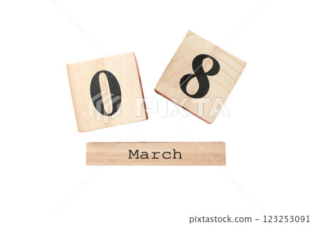 8 March, International Women's Day, calendar made of wooden cubes, top view, isolated on white background, PNG 123253091
