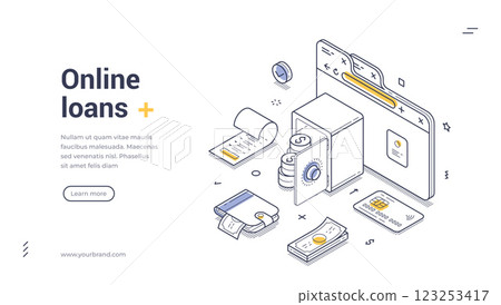 Online loans web banner with isometric line art illustration and financial elements 123253417