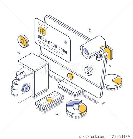 Secure online banking with digital elements and financial icons isometric line art vector illustration 123253429