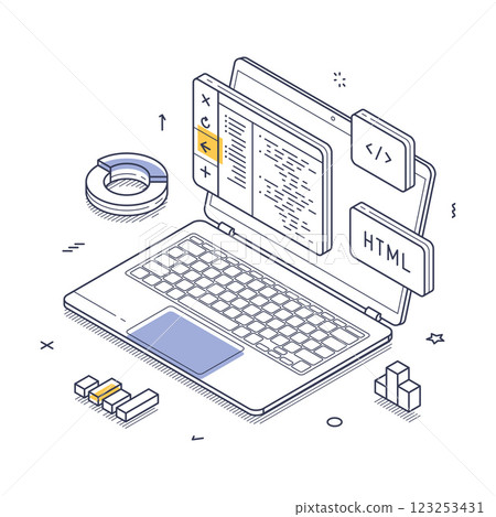 Laptop displaying HTML code with design elements around a workspace setup isometric line art vector illustration Laptop displaying HTML code with design elements around a workspace setup isometric line art vector illustration 123253431