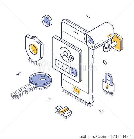 Digital security concept with smartphone, camera, and keys isometric line art vector illustration Digital security concept with smartphone, camera, and keys isometric line art vector illustration 123253433