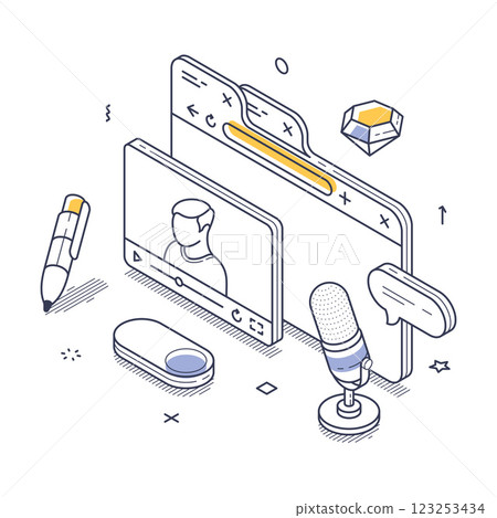 Modern digital workspace featuring isometric elements in line art style 123253434