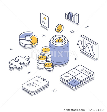Financial management tools and elements showcasing investment strategies line art isometric vector illustration 123253435