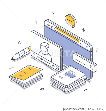 Modern online learning tools illustrated in a line art style focusing on digital education resources 123253447