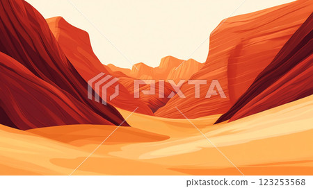 Abstract desert landscape with layered rock formations in shades of red, orange, and beige. The artwork evokes a sense of serene isolation. Abstract desert landscape with layered rock formations in shades of red, orange, and beige. The artwork evokes a sense of serene isolation. 123253568