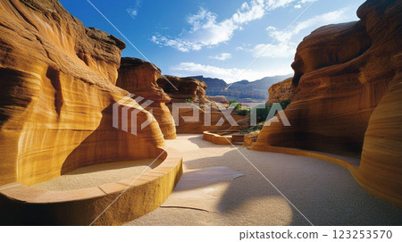 Striated rock formations frame a desert courtyard under a bright sky. The desert environment is peaceful and serene, under a blue sky. 123253570