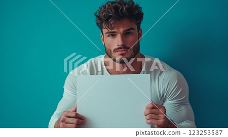 A handsome man holds a blank white sign against a vibrant teal background, offering creative potential for messages or design. A handsome man holds a blank white sign against a vibrant teal background, offering creative potential for messages or design. 123253587