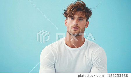Handsome man portrait: Brown hair, white shirt on a light blue background. Confident, friendly, and inviting. Youthful and casual aesthetic. 123253588