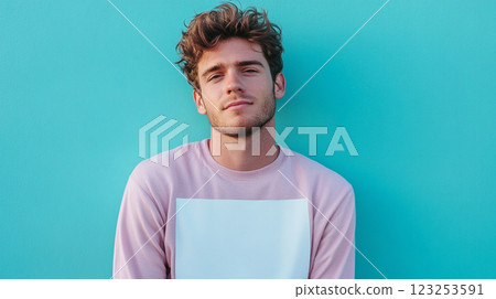 Portrait of a young man with tousled hair, posing against a bright blue wall, wearing a stylish long-sleeved shirt. Modern fashion portrait. Portrait of a young man with tousled hair, posing against a bright blue wall, wearing a stylish long-sleeved shirt. Modern fashion portrait. 123253591