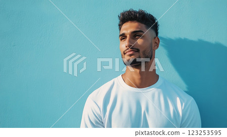 Stylish man posing against a bright blue textured wall, looking thoughtfully into the distance with soft sunlight enhancing his features. Stylish man posing against a bright blue textured wall, looking thoughtfully into the distance with soft sunlight enhancing his features. 123253595