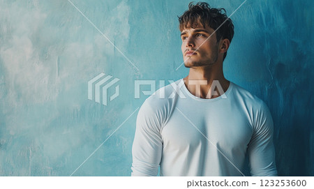 Contemplative man in white long sleeve shirt looks off in the distance against a calming blue backdrop, radiating a sense of quiet strength. Contemplative man in white long sleeve shirt looks off in the distance against a calming blue backdrop, radiating a sense of quiet strength. 123253600