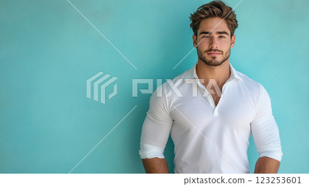Portrait of handsome man in white shirt against bright turquoise background. Confident and stylish in simple, timeless attire. 123253601