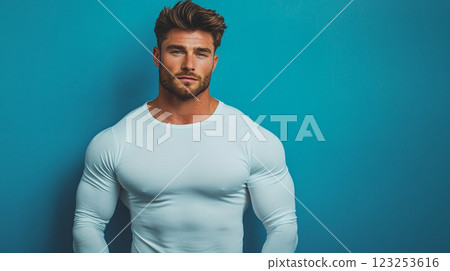A muscular man strikes a pose in a tight white long sleeve shirt against a solid blue background. He is serious and staring forward. A muscular man strikes a pose in a tight white long sleeve shirt against a solid blue background. He is serious and staring forward. 123253616