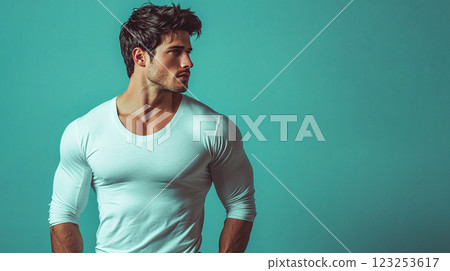 A handsome athletic man in a plain white shirt looks off to the side against a teal background with soft studio lighting. A handsome athletic man in a plain white shirt looks off to the side against a teal background with soft studio lighting. 123253617