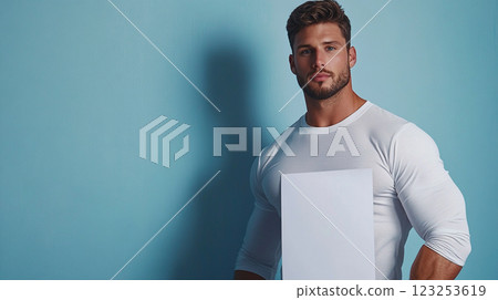 Handsome man with a beard holding a blank white card against a blue background. Perfect for marketing, advertising, or a personal message. 123253619