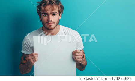 Stylish man with wavy brown hair and light stubble holds a blank white board in front of a bright blue background, showcasing neutral expression. 123253623