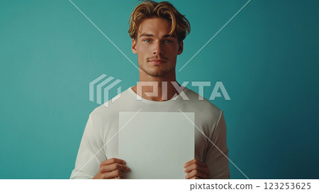Portrait of a young man holding a blank white square against a solid blue background, wearing a white long-sleeved shirt, blonde hair 123253625