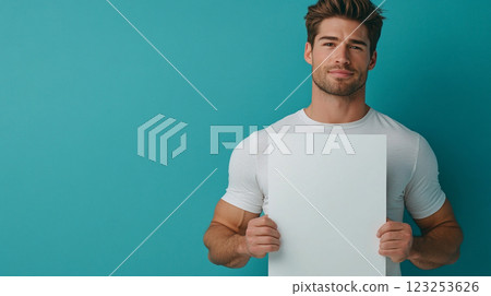 A handsome man with a warm expression holds a blank white board against a vibrant turquoise backdrop, inviting viewers to consider possibilities. 123253626