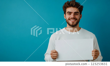A smiling man against a blue backdrop holds a blank, white sign. He is ready to personalize the space with your message or information. A smiling man against a blue backdrop holds a blank, white sign. He is ready to personalize the space with your message or information. 123253631