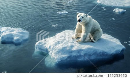 A majestic polar bear sits perched on a solitary ice floe amidst the vast, icy ocean, its pristine white fur contrasting the blue water. 123253650