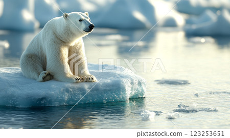 A majestic polar bear surveys its icy domain, perched atop a small ice floe in the vast, cold Arctic wilderness, seemingly at peace. 123253651
