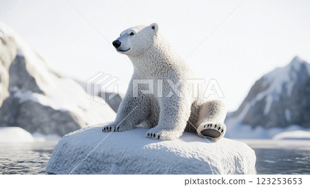 Polar Bear on Ice: A majestic polar bear sits atop an icy rock, surrounded by a serene, snowy landscape and cold, reflective water. 123253653
