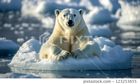 A solitary polar bear rests serenely atop a floating iceberg, a stark reminder of the fragile Arctic ecosystem. Its white fur glistens. 123253655