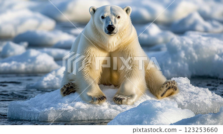 Arctic Majesty: A polar bear lounges on an ice floe, facing the camera with its pristine white fur glistening under the sunlight. Arctic Majesty: A polar bear lounges on an ice floe, facing the camera with its pristine white fur glistening under the sunlight. 123253660