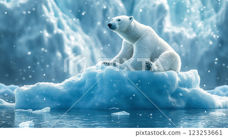 Polar bear rests atop an icy chunk, blending with the serene, snowy landscape. A symbol of Arctic survival and environmental vulnerability. Polar bear rests atop an icy chunk, blending with the serene, snowy landscape. A symbol of Arctic survival and environmental vulnerability. 123253661