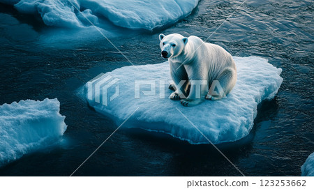 Lone polar bear sits adrift on melting ice floe, a stark reminder of climate change and habitat loss in the fragile Arctic environment. 123253662