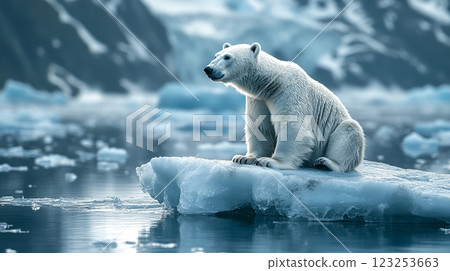 Polar bear perched on melting ice, highlighting climate change impact. A stark visual of arctic vulnerability. Conservation is vital. Polar bear perched on melting ice, highlighting climate change impact. A stark visual of arctic vulnerability. Conservation is vital. 123253663