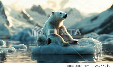 Polar bear resting on a floating ice floe, gazing towards the mountains. Pristine arctic wildlife amidst melting ice, survival theme. 123253710