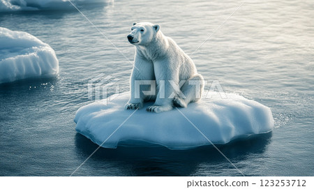 Polar bear sits on melting ice floe in open water, a stark reminder of the impact of a warming climate on arctic wildlife. 123253712