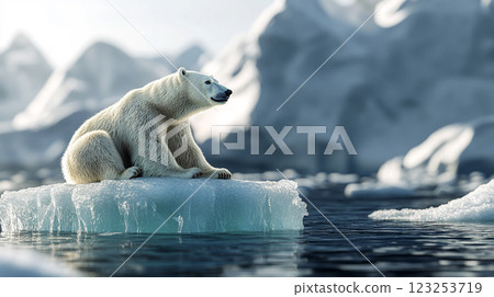 Lone polar bear sits atop melting ice floe, stark image representing challenges faced by Arctic wildlife from climate change. 123253719