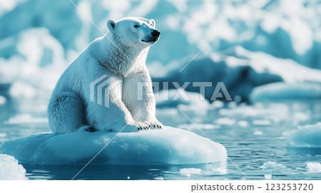 A regal polar bear surveys its icy domain, perched atop a glacier adrift in the cold waters of the Arctic. Calm demeanor in frigid environment. A regal polar bear surveys its icy domain, perched atop a glacier adrift in the cold waters of the Arctic. Calm demeanor in frigid environment. 123253720
