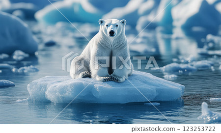 Polar bear sits regally on an ice floe, amidst icy waters and distant glaciers, creating a striking portrait of Arctic wildlife. 123253722
