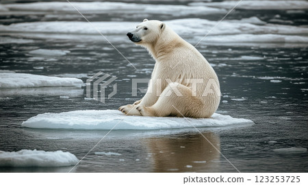 Polar bear perched on iceberg, gazing into distance. A solitary sight amidst icy waters, nature's beauty and resilience showcased. 123253725