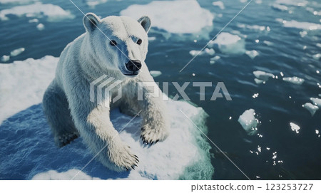 Polar bear resting on an ice floe amidst the cold, blue arctic waters. A poignant symbol of the vulnerable arctic ecosystem. 123253727