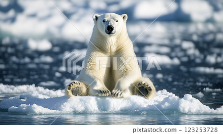 A regal polar bear perched on an ice floe amidst a sea of icy fragments. He looks on majestically as the camera snaps a picture. A regal polar bear perched on an ice floe amidst a sea of icy fragments. He looks on majestically as the camera snaps a picture. 123253728