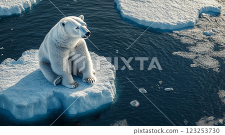 Polar bear perched on ice floe in frigid Arctic waters, symbolizing climate change and the vulnerability of Arctic wildlife. 123253730