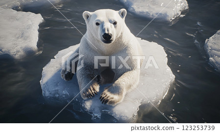 Polar bear sitting on ice floe, highlighting habitat loss and climate change impact, calling for conservation efforts. Vulnerable Arctic species. 123253739
