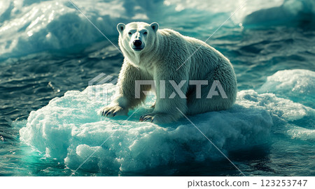 Polar bear perched on melting ice floe. A stark reminder of our changing climate. Majestic creature, vulnerable habitat. 123253747