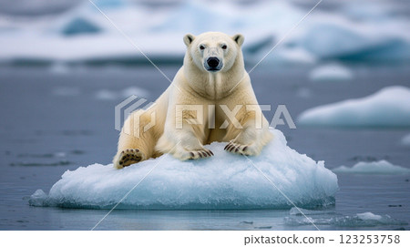 Polar bear resting on an ice floe in the Arctic. Majestic white bear looking towards the camera surrounded by icy water. 123253758