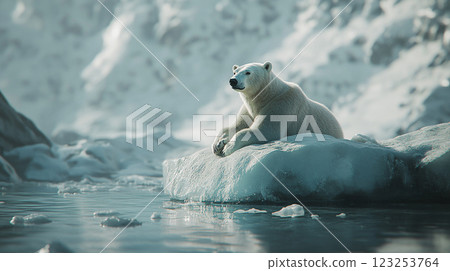 Polar Bear on Iceberg: A majestic polar bear lounges on a floating iceberg amidst a snowy landscape. Serene Arctic wildlife scene. 123253764