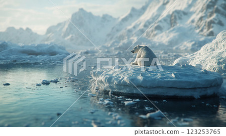 Polar bear rests on iceberg in icy arctic landscape. Mountains rise behind, reflecting cold light in the tranquil, frigid scene. 123253765