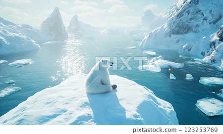 A lone polar bear rests atop an icy peak, the vast expanse of the Arctic Ocean stretching behind, a poignant reminder of the fragility of the north. 123253769